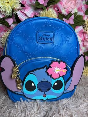 Disney Blue Stitch Backpack with Pink Hibiscus and Gold Pineapple Zippers
